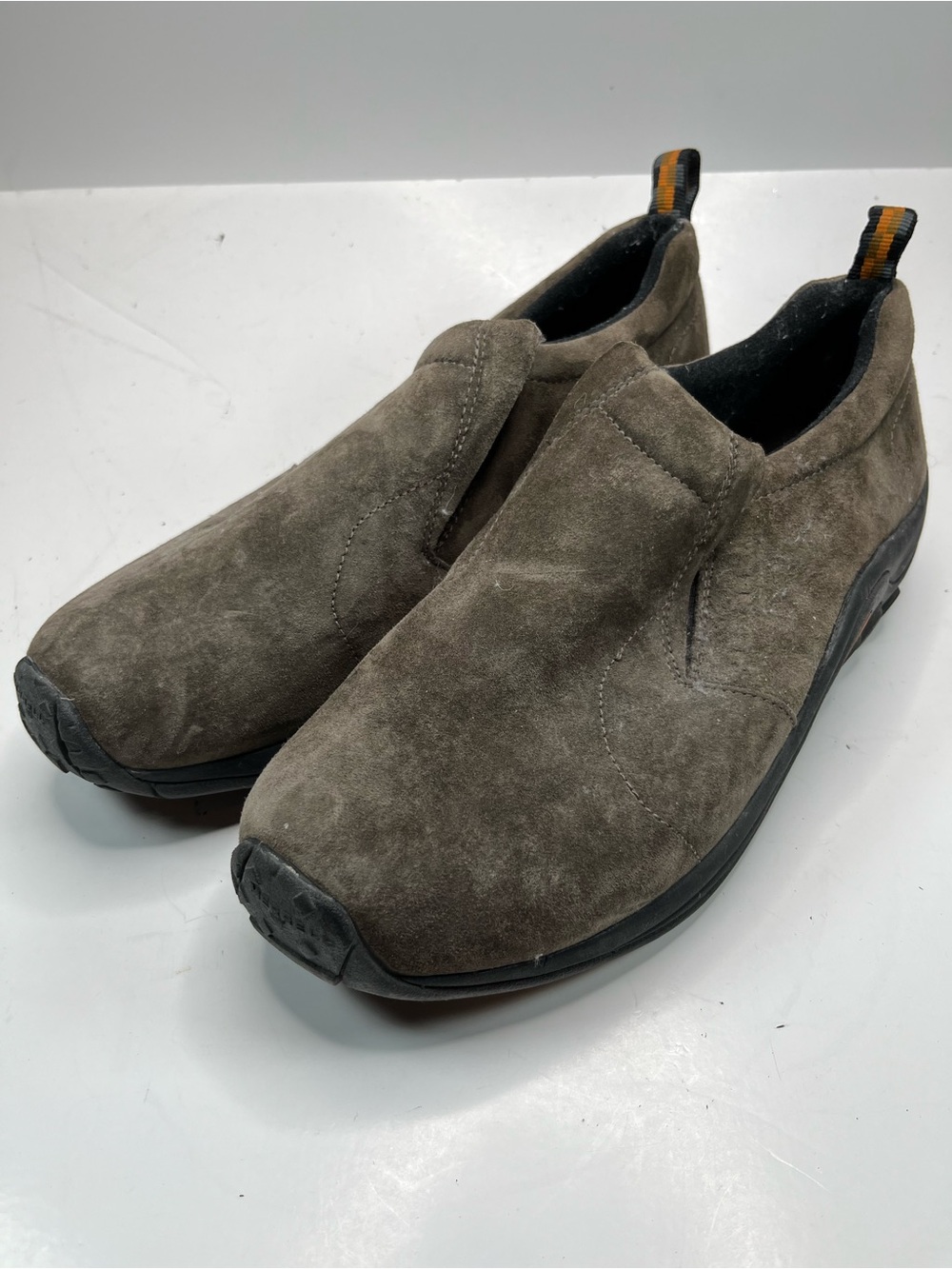 Merrell Men's Suede Slip-On Loafers in Taupe Gray with Black Soles